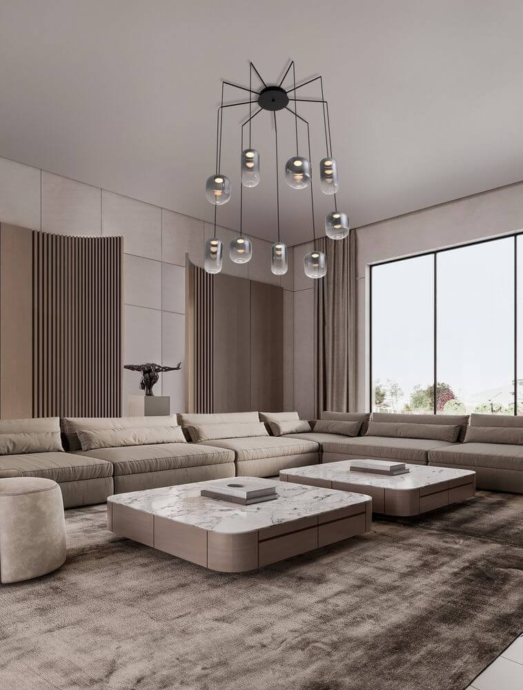Aelia LED Pendelleuchte 9-flammig Ø 82cm Schwarz, Rauch in modernem Wohnzimmer mit Sofas und Kaffeetisch.