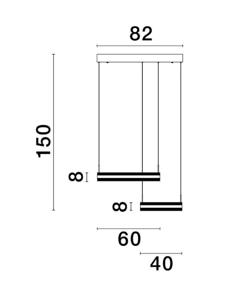 Technische Zeichnung der Agos LED Pendelleuchte Ø 60cm mit Maßen 60cm, 82cm und 150cm.