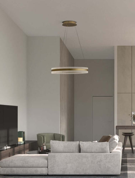 Agos LED pendant light Ø 60cm in a modern living space above the sofa and TV area.