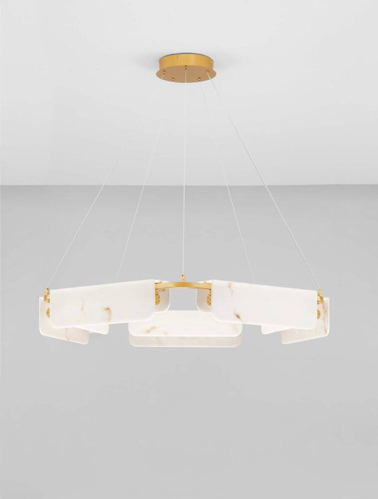 Aider Pendelleuchte 5-flammig Ø 93cm - moderne goldweiße Hängeleuchte mit Marmoroptik und rundem Design
