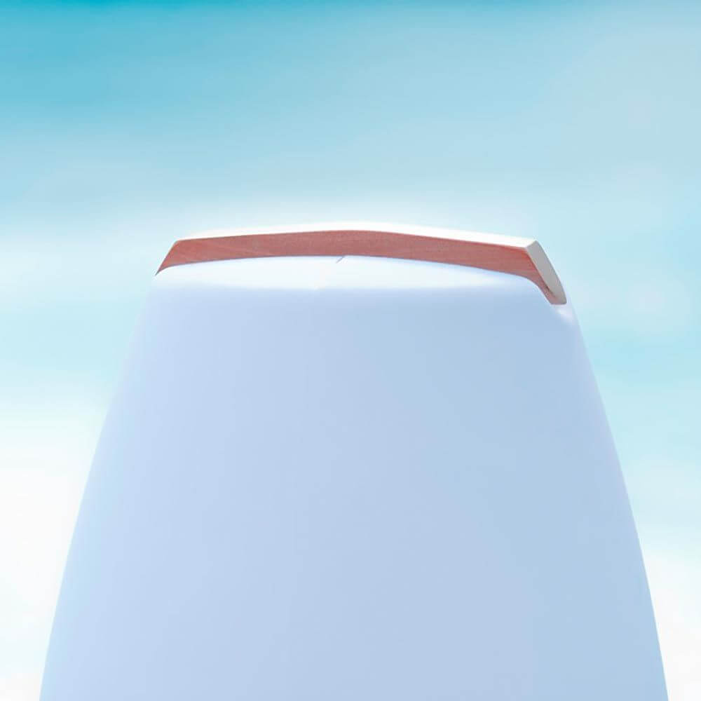 Akku LED-Dekolampe Vessel 2 mit Holzgriff, elegante runde Form auf unscharfem Hintergrund.