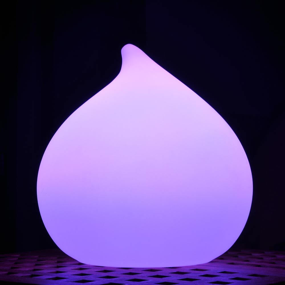 Akku LED-Dekoleuchte Dew in Tropfenform mit sanftem, violettem Licht.