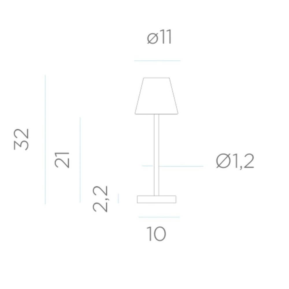 Technische Zeichnung der Akku LED-Tischleuchte Lola mit Abmessungen und Designdetails.