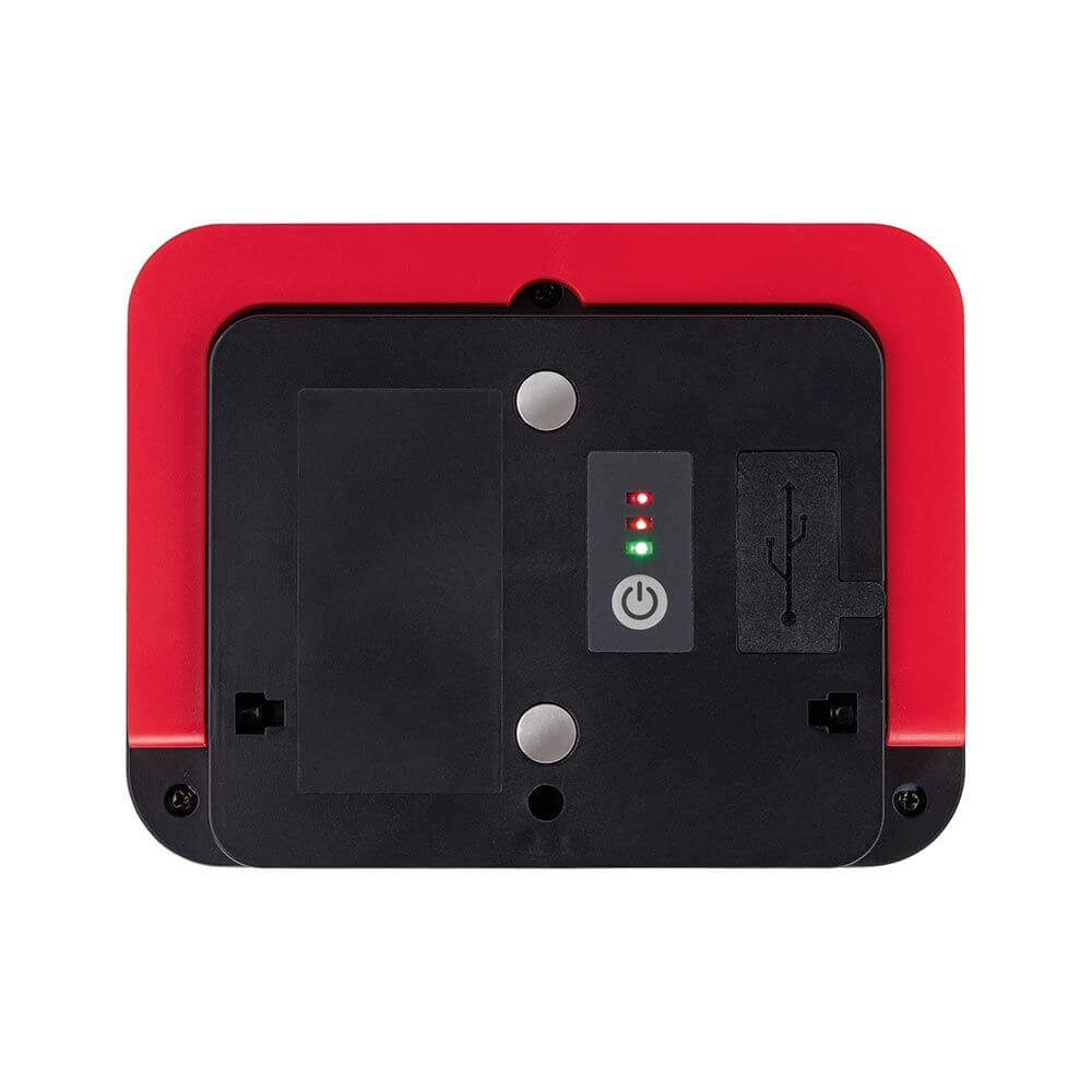 Unterseite der Akkulampe Worklight mit Ladestatusanzeigen und Powerbank-Anschluss.