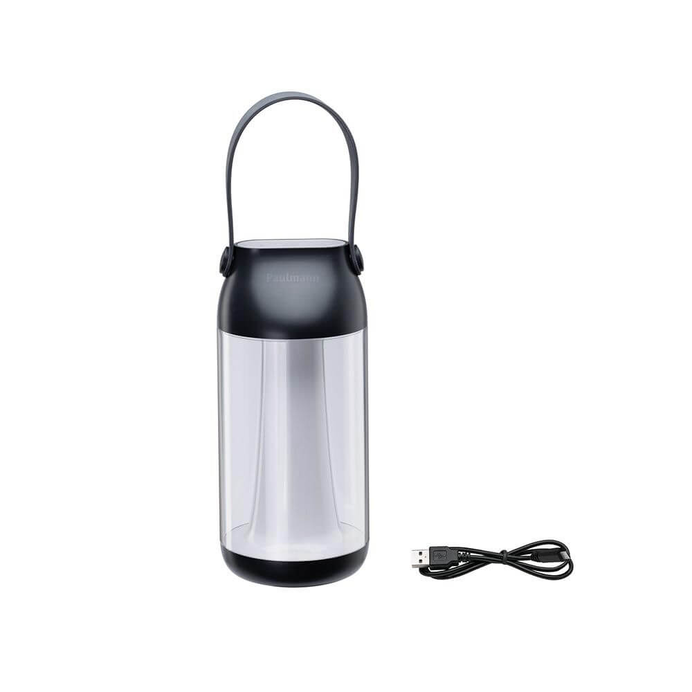 Akkuleuchte Cupulino Anthrazit mit USB-Ladekabel, dimmbar und spritzwassergeschützt, ideal für den Außenbereich.