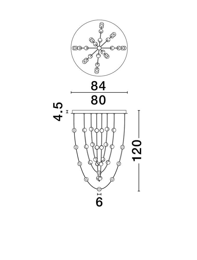 Alcinoe LED Pendelleuchte Ø 84cm technische Zeichnung mit Maßen 84 cm Durchmesser und 120 cm Höhe.