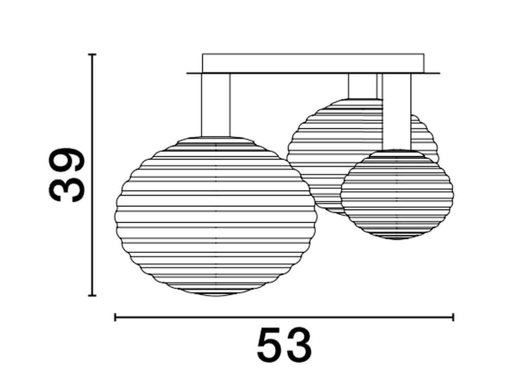 Allen Deckenleuchte 3-flammig - technische Zeichnung mit Maßen 39cm Höhe und 53cm Breite.