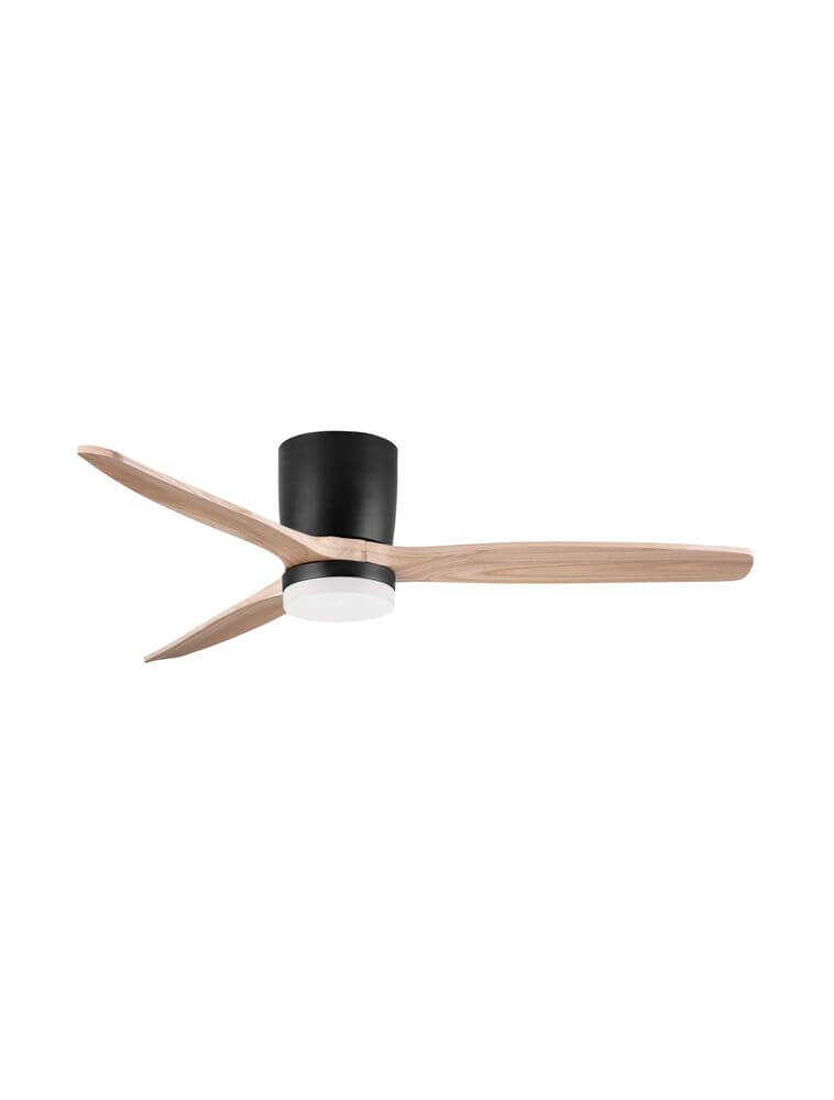 Aloa LED Ventilator Ø 132cm in modernem Design mit Holzblättern und schwarzem Gehäuse.