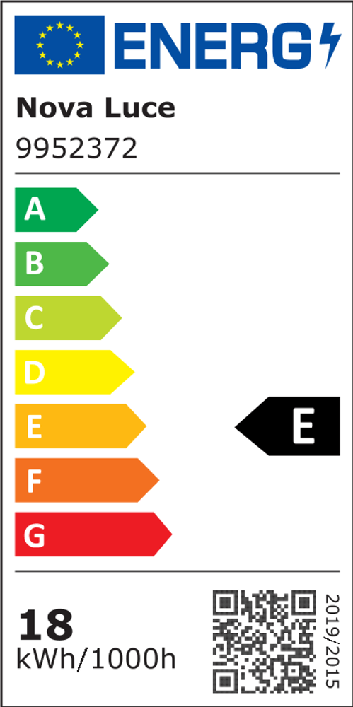 Energieeffizienzlabel für den Aloa LED Ventilator Ø 132cm von Nova Luce, Klasse E, mit Verbrauch von 18 kWh/1000h.