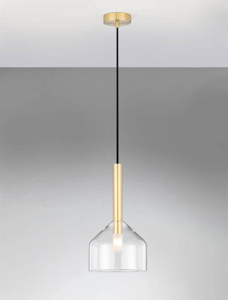 Amelia Pendelleuchte Ø 20cm mit klarem Glas und goldener Aufhängung, elegantes Design für stilvolle Räume.
