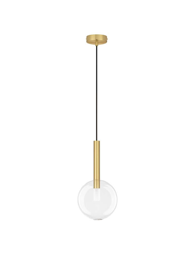 Amelia Pendelleuchte Ø 20cm mit elegantem goldenen Lampenarm und transparentem Glaskörper.