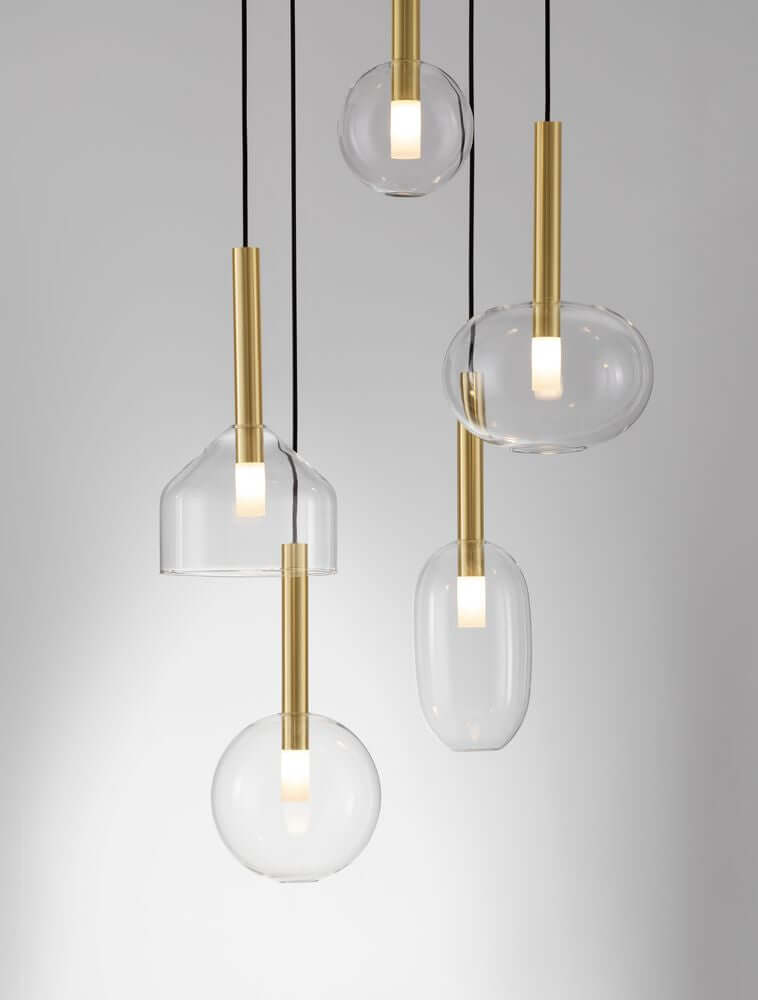 Amelia Pendelleuchte 5-flammig Ø 60cm mit verschiedenen Glas-Schirmen in modernen Formen.