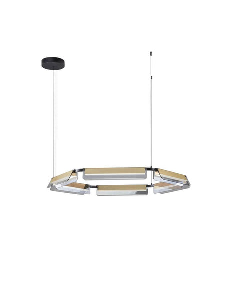 Apnea LED suspension hexagonale noire et dorée avec métal sablé et éléments en verre couleur or.