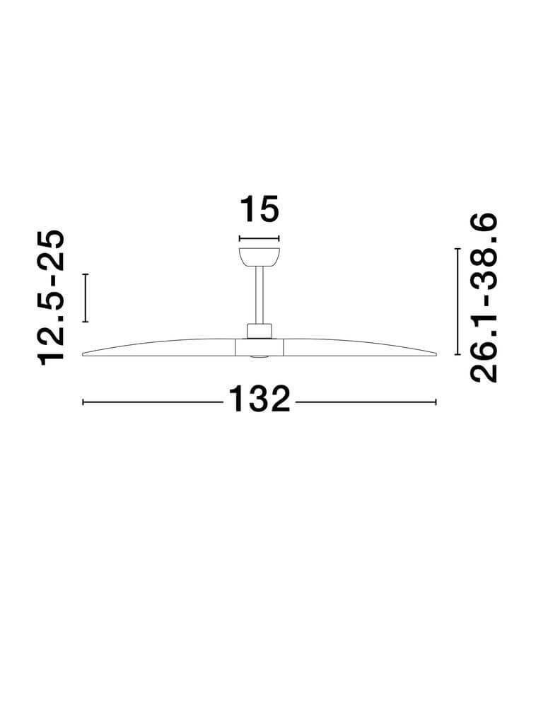 Maßzeichnung des Arcadia Ventilator Ø 132cm mit Abmessungen und Details für die Montage.