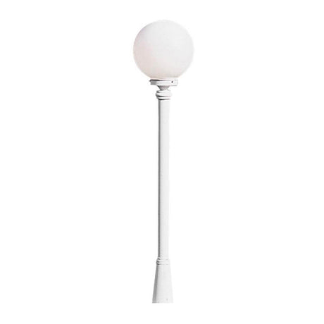 Arcturus Lampe de sol blanche, acrylique opalescent avec un abat-jour rond blanc sur un socle élancé.