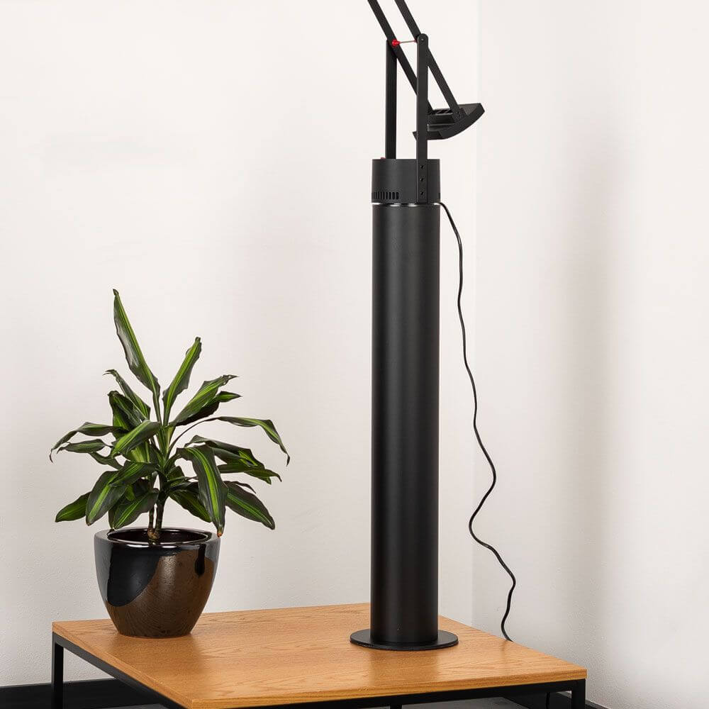 Artemide Tizio Standsäule neben einer Pflanze auf einem Tisch, bietet elegantes Design für optimalen Lesekomfort.