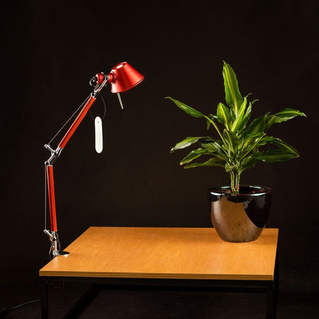 Artemide Tolomeo Micro Tischlampe rot mit Klemme, verstellbar, auf Holztisch mit Pflanze