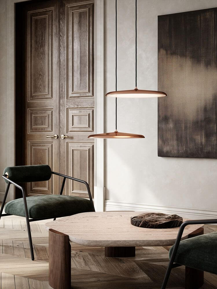 Artist 40 LED Pendelleuchte in modernem Wohnraum mit stilvollem Design und eleganten Möbeln.