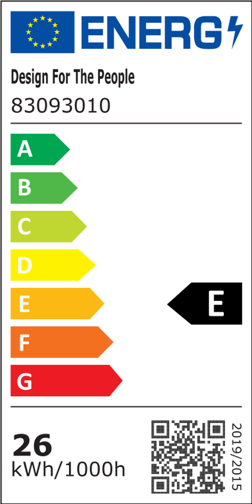 Energieeffizienzlabel von Design For The People, Energieklasse E, 26 kWh/1000h, kenntlich gemacht mit Farbspektrum.
