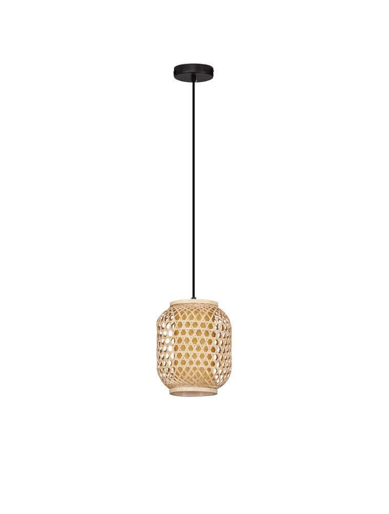 Asma Pendelleuchte Ø 20cm mit filigraner Rattan-Hülle in Naturtönen und schwarzem Baldachin.