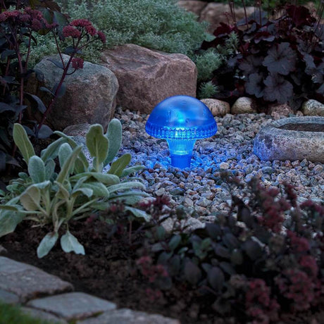 Assisi mushroom solar LED light blue in a garden bed with colorful plants and stones.