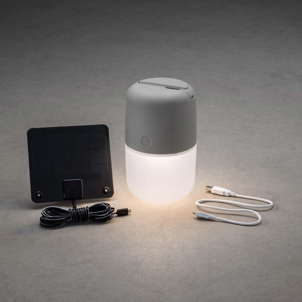 LED solar light Assisi for hanging or standing gray with solar panel and accessories.