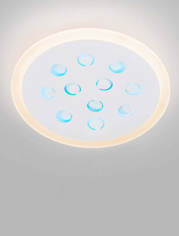 Astro LED Deckenleuchte 3000K Weiß mit modernen blauen Lichtakzenten, rundes Design.