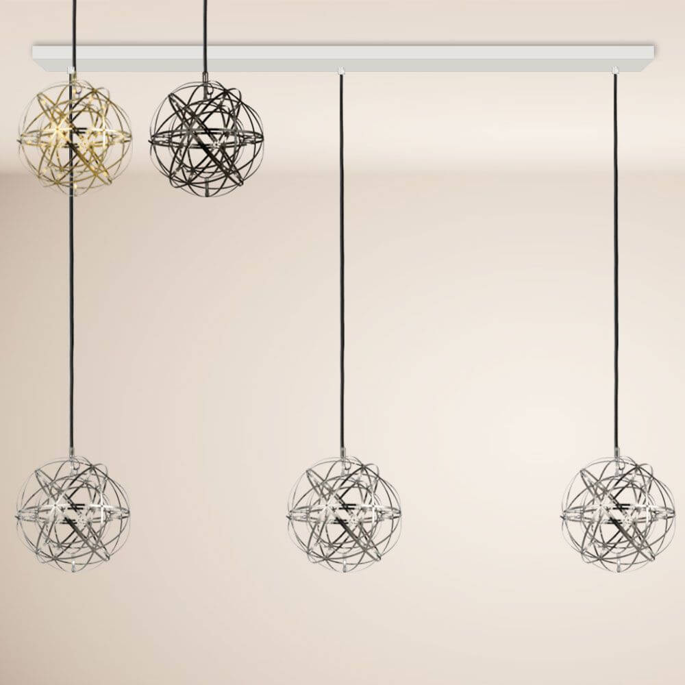 s.luce Atom LED Esstisch-Pendelleuchte 2 bis 5-flammig Balken 120cm mit eleganten Schwebekugeln.