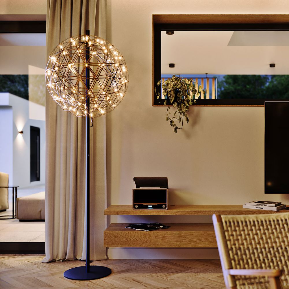 s.luce Atom LED-Stehleuchte aus Metall mit Touchdimmer in modernem Wohnzimmer-Design.