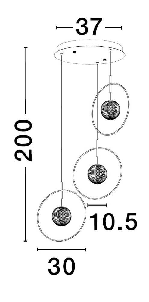 Technische Zeichnung der Atos LED Pendelleuchte Ø 40cm 3-flammig Gold 3000K mit Abmessungen.