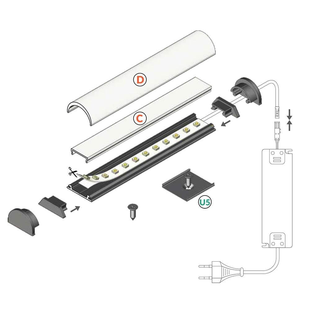 Aufbau-Biegeprofil 200cm Alu-eloxiert ohne Abdeckung für LED-Strips, Diagramm der Komponenten und Montage.