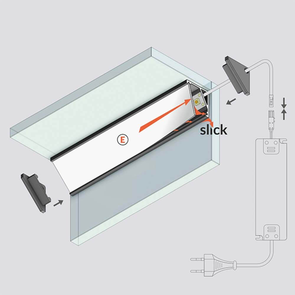 Aufbau-Eckprofil 30° & 60° 200cm Weiß ohne Abdeckung für LED-Strips im Installationsdiagramm.