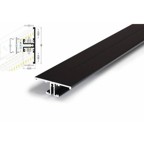 Aufbau-Wandprofil T-Form 200cm Schwarz für LED-Strips Detailansicht mit Maßstab.