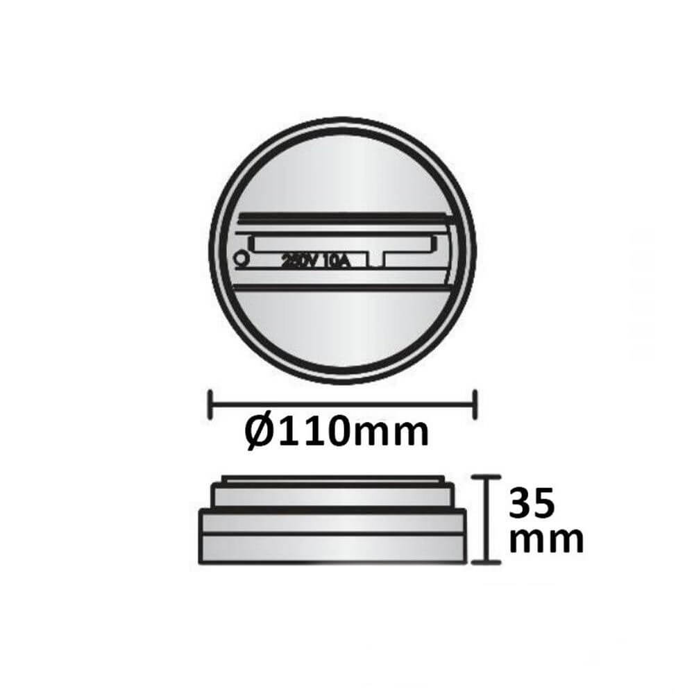 Aufbauadapter für 3-Phasen Schienenstrahler Weiß 1-Phase Ø 11cm, Durchmesser 110mm, Höhe 35mm, technische Skizze