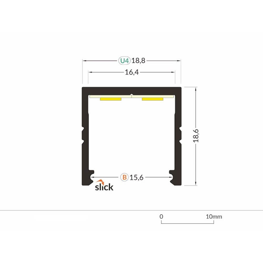 Aufbauprofil micro XL 200cm Alu-eloxiert ohne Abdeckung Diagramm mit Maßen und Gestaltung.