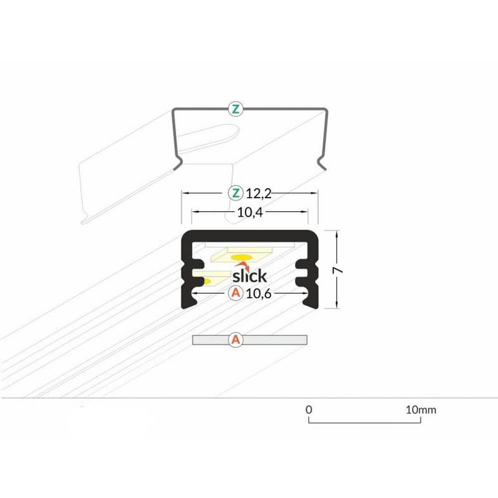 Aufbauprofil mini 200cm Schwarz ohne Abdeckung für LED-Strips technische Zeichnung mit Maßen