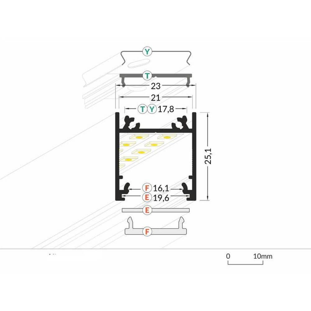 Aufbauprofil tief 200cm Weiß ohne Abdeckung für LED-Strips technische Zeichnung