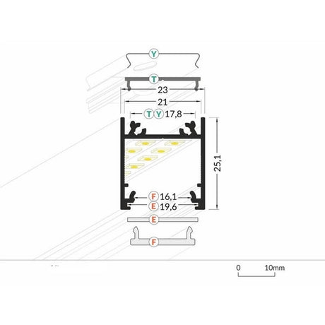 Konstruktionsprofil dyb 200cm anodiseret aluminium uden dæksel for LED-Strips: Detaljeret tegning med mål.
