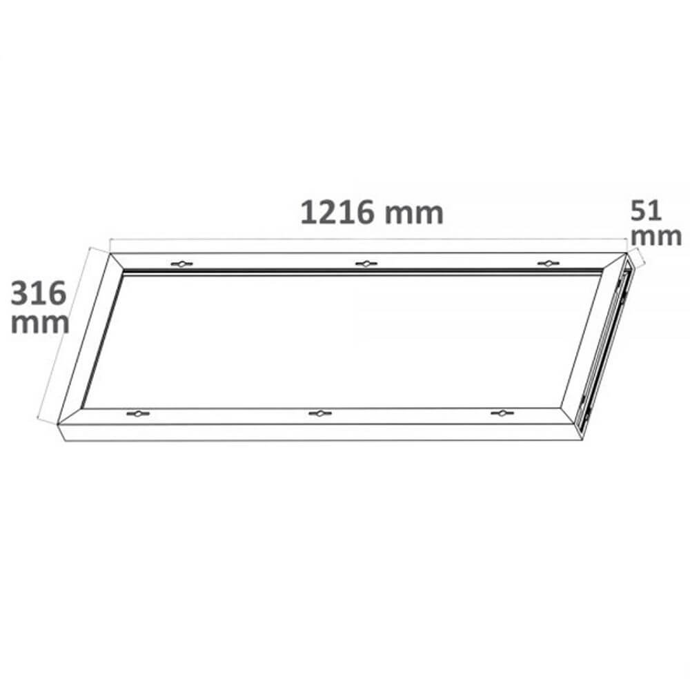 Aufbaurahmen Weiß für LED Panel 1200, Maßzeichnung mit Abmessungen 1216 mm x 316 mm x 51 mm.