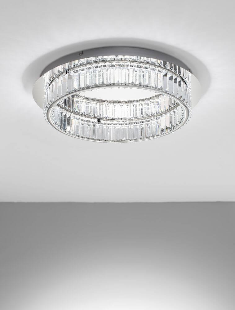 Aurelia LED Deckenleuchte 3500K Chrom mit K5 Kristallen und verchromtem Metall, ideal für moderne Räume.