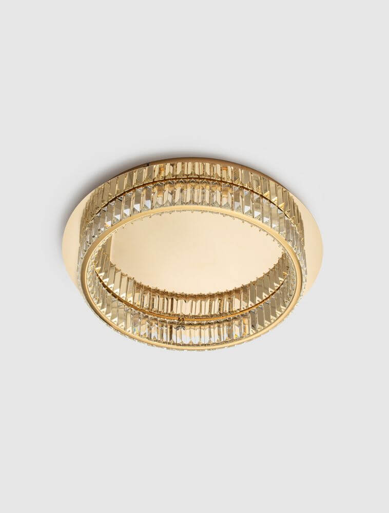 Aurelia LED Deckenleuchte in Gold mit Glasstäben und modernem Design, 42,5 cm Durchmesser.