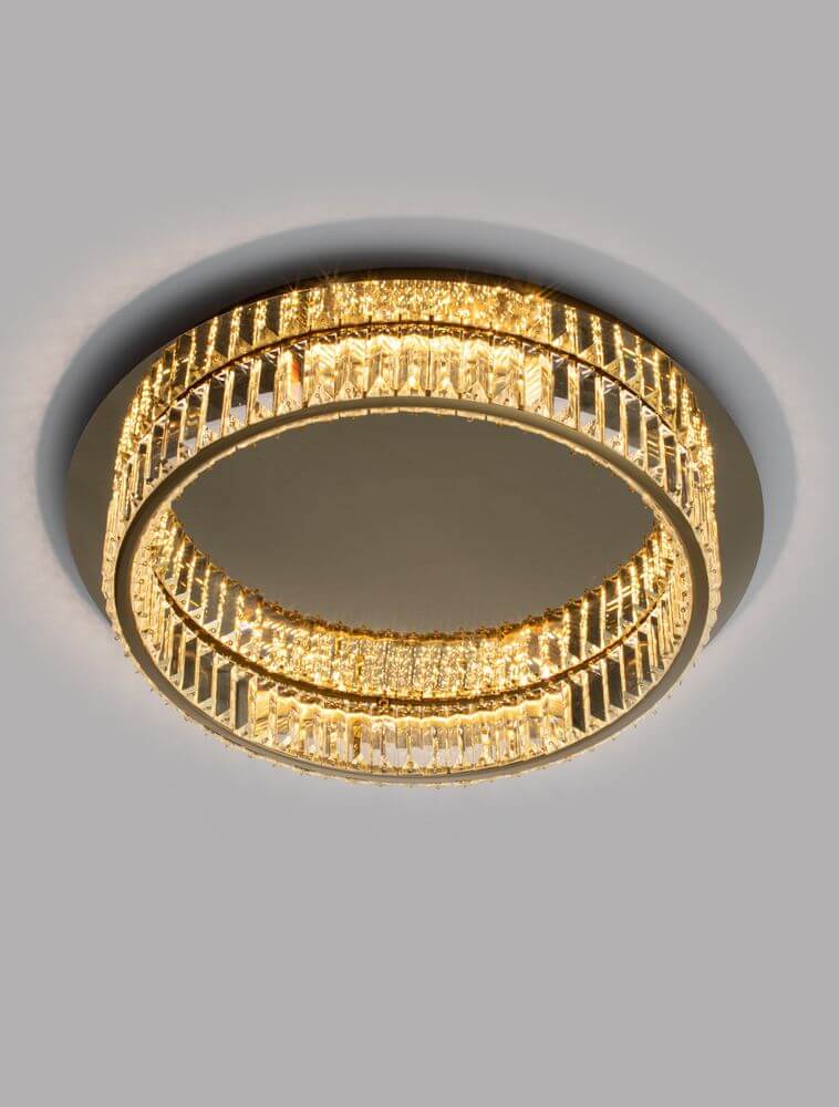 Aurelia LED Deckenleuchte in Gold mit blendfreiem Design und Glasstäben, 42,5cm Durchmesser.