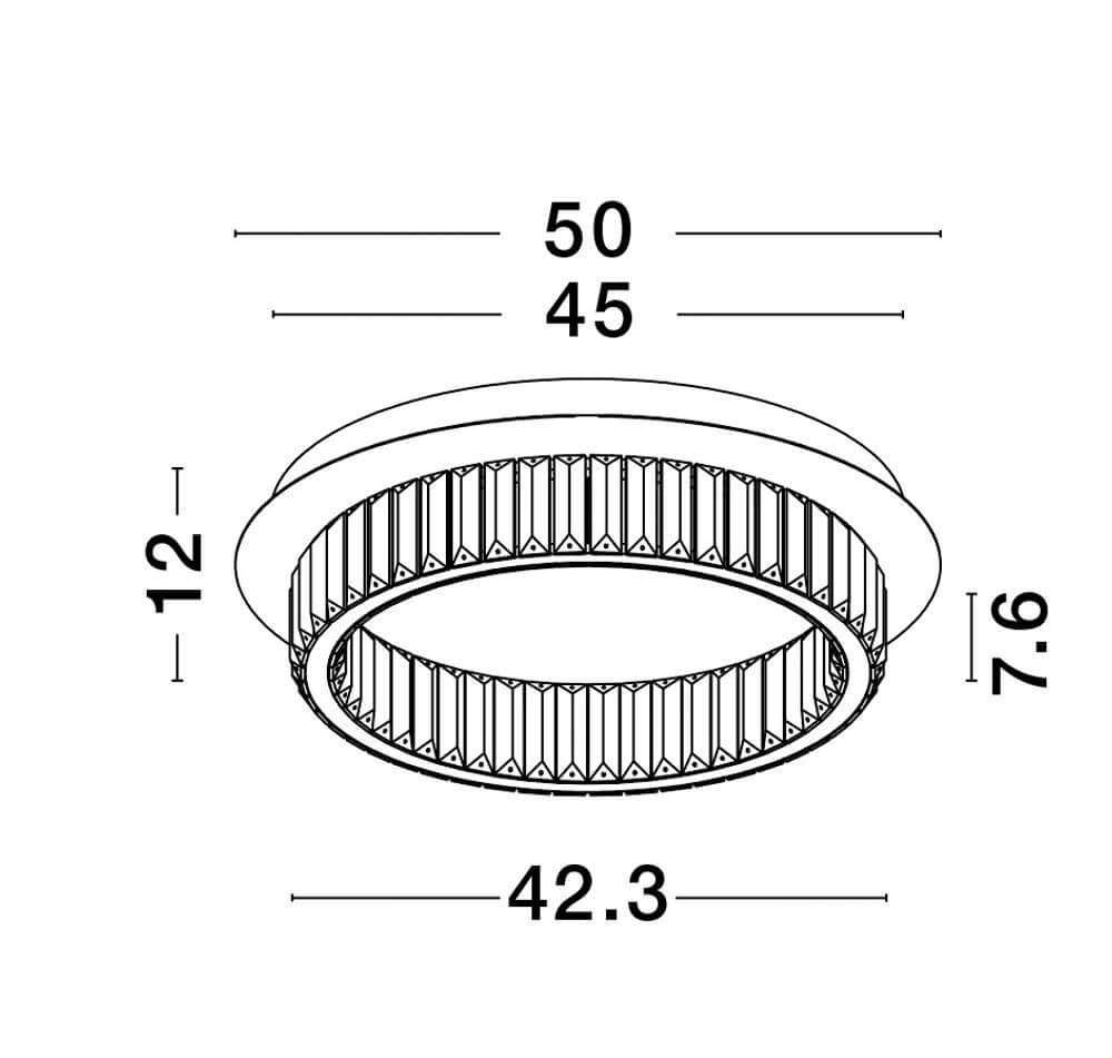 Technische Zeichnung der Aurelia LED Deckenleuchte mit Maßen: Durchmesser 42,5cm, Höhe 12cm, Design skandinavisch-modern.