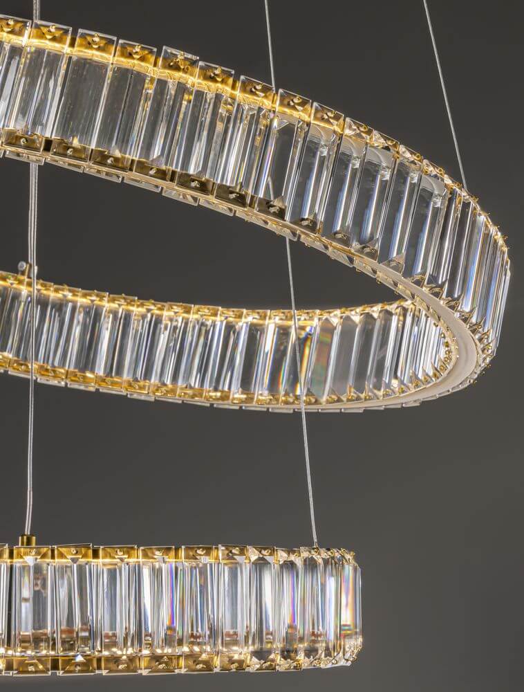 Aurelia LED Pendelleuchte Ø 60cm 2-flammig mit K5 Kristallen und Chromring, moderne Raumbeleuchtung.