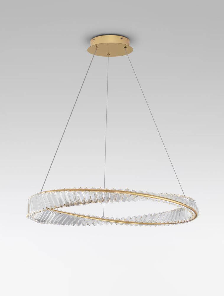 Aurelia LED Pendelleuchte Ø 80cm 3500K mit goldener Aufhängung und Kristallstäben, moderne Eleganz für jedes Interieur.