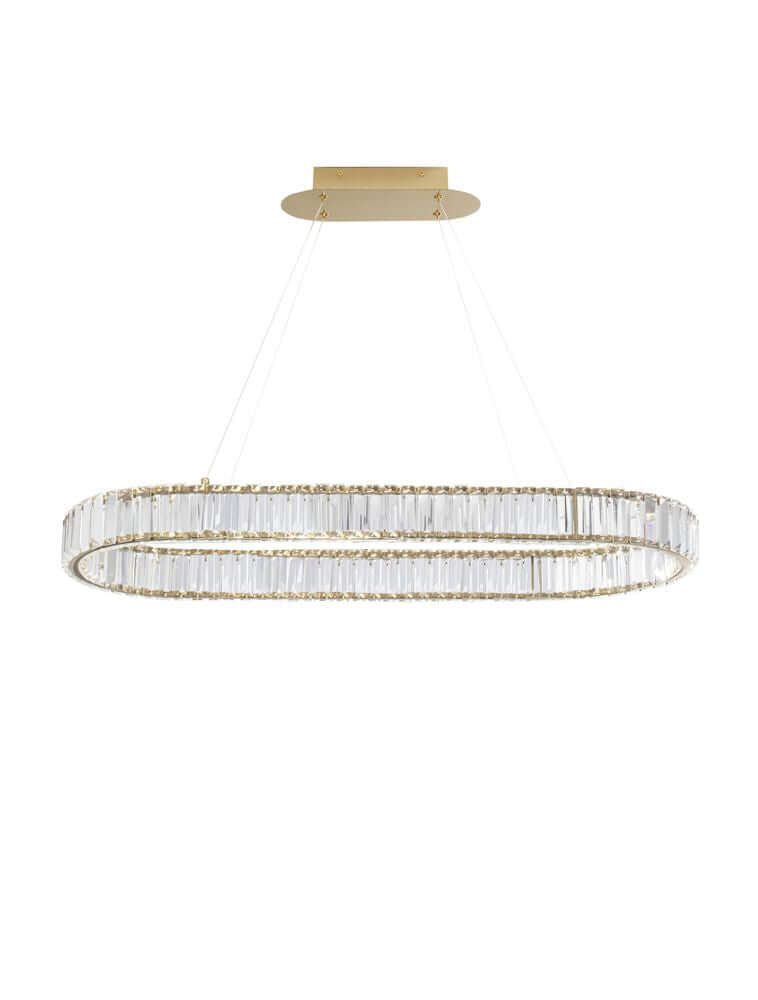 Aurelia LED Pendelleuchte 3500K mit goldfarbenem Gestell und Glasstäben, ideal für stilvolle Räume.