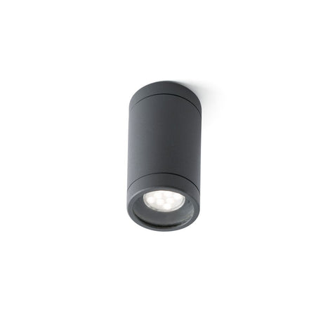 Außen-Deckenlampe OLOT GU10 IP44 Dunkelgrau an der Decke installiert, modernes Design in Dunkelgrau.