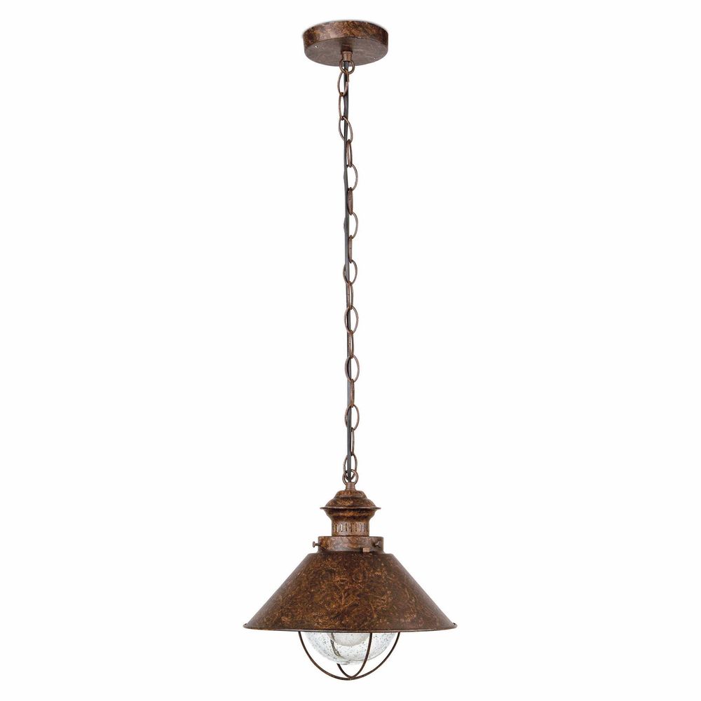 Außen-Pendelleuchte NAUTICA-1G IP33 Rostbraun hängend mit metallischem Design und Glaskuppel.