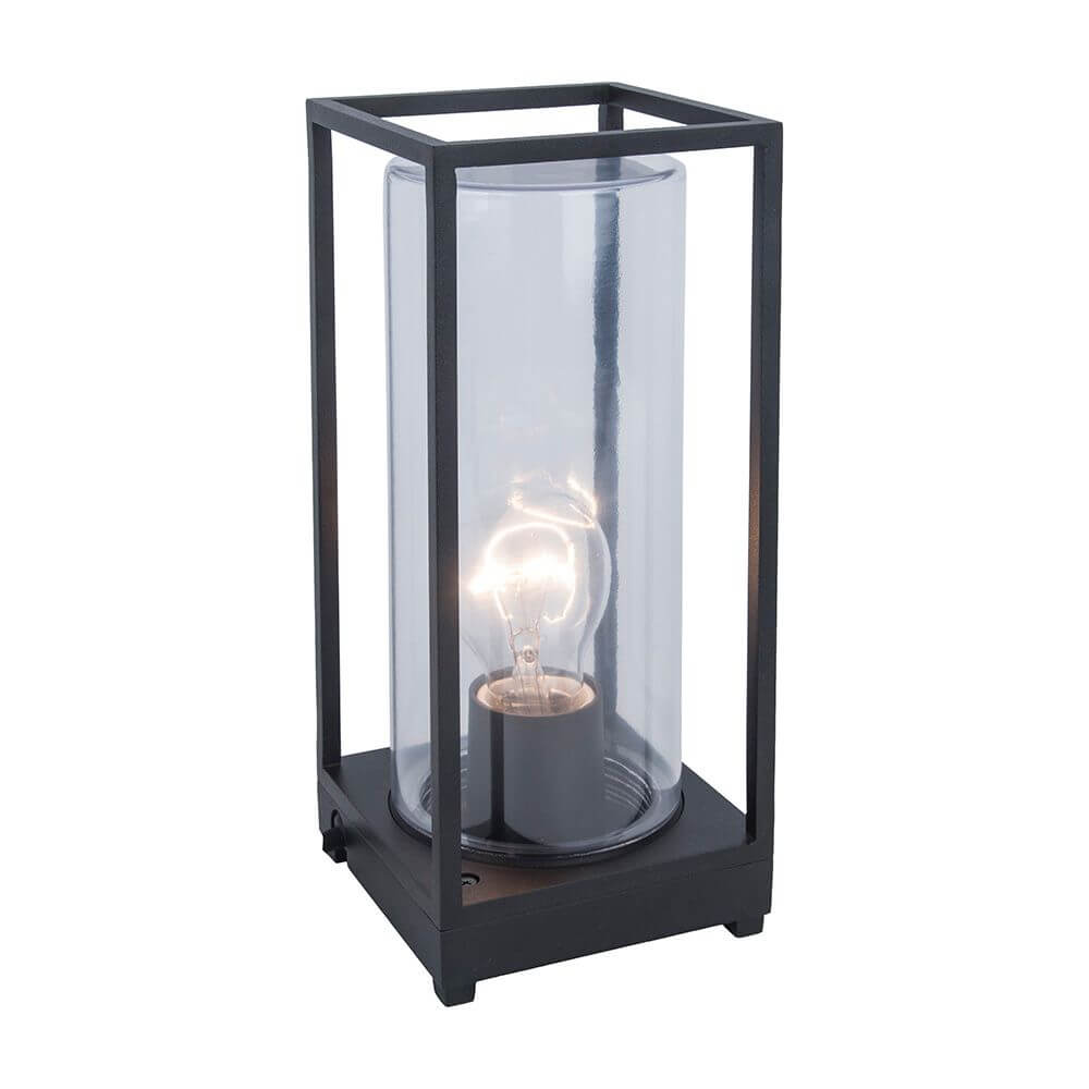 Außentischleuchte Flair mit Glaszylinder in modernem Design und transparenter Glasabdeckung.