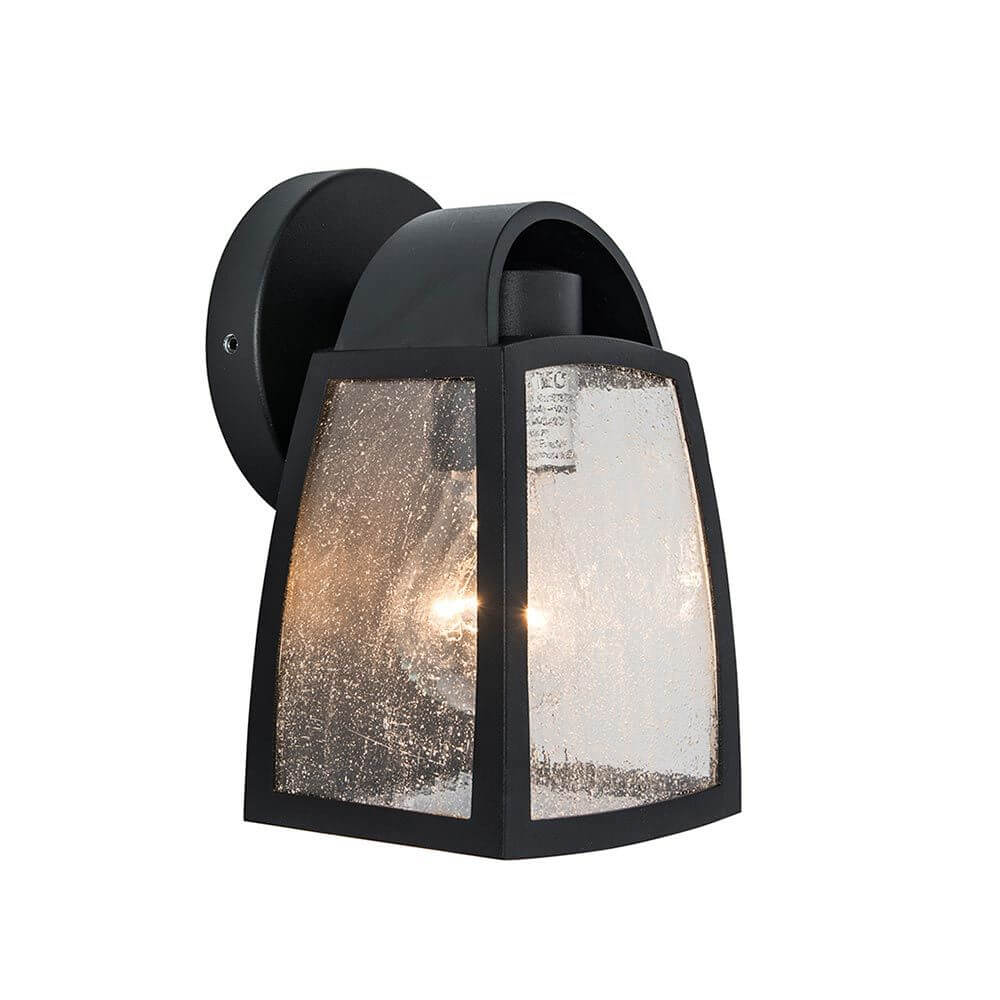 Außenwandlampe Kelsey IP44 in Schwarz mit strukturiertem Glas für Garten und Wegebeleuchtung.